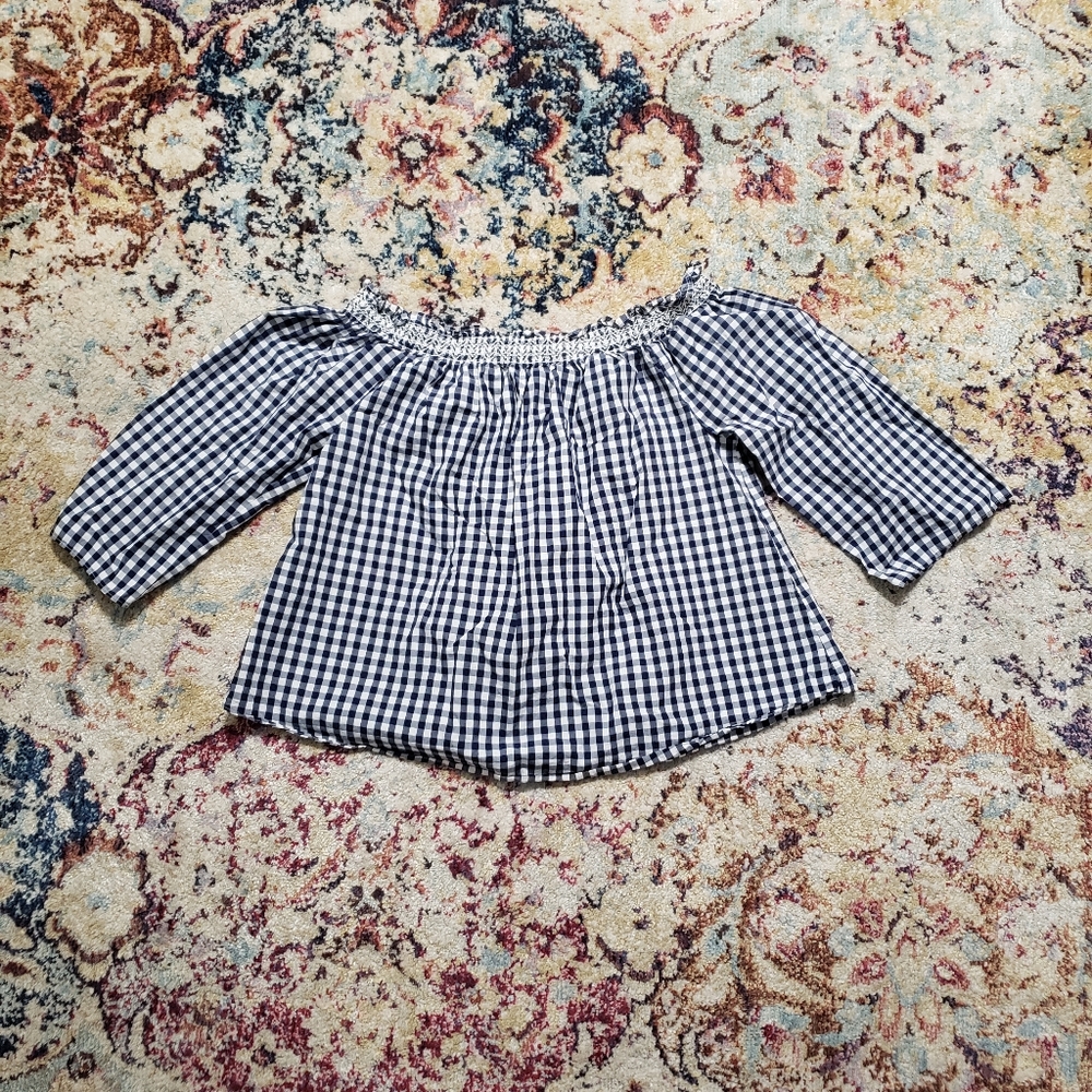 Madewell Smocked Gingham Off Shoulder Cropped Top Blue White Size Small - Picture 2 of 10